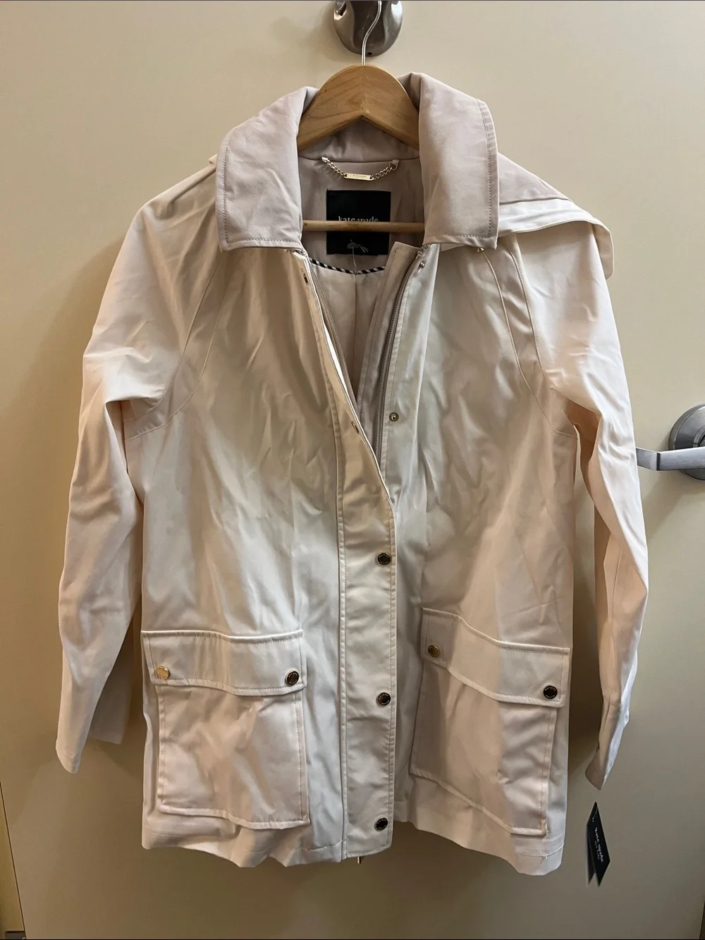 NWT Kate Spade cashew milk zip front patch pocket trench removable hood size M